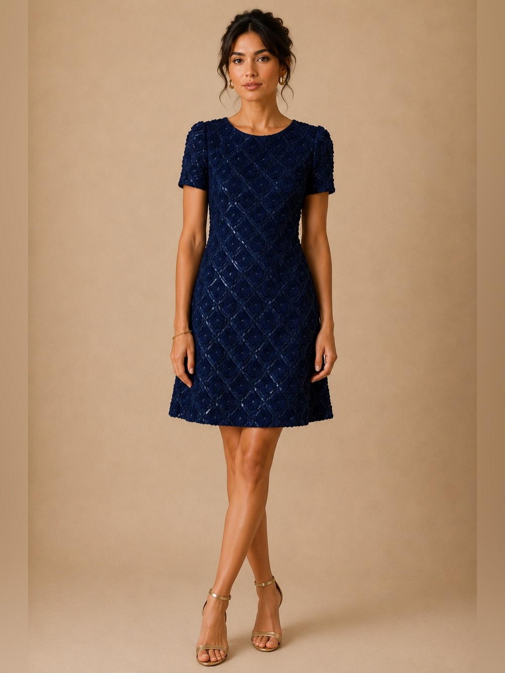 NWT Belle Badgley Mischka Satya Navy Blue Sequin Floral Appliqué Formal Dress